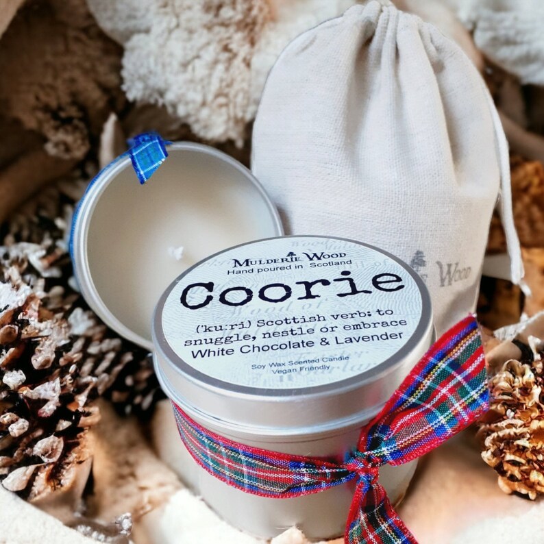 Coorie Snuggle Soothing Chocolate & Lavender Scottish Scotland Scots Highland Vegan Handmade Soy Tin Candle Free Cotton Gift Bag image 2