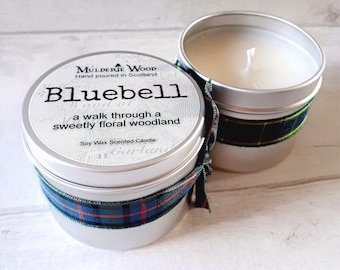 Sweet Floral Bluebell Scented Soy Wax Handmade in Scotland Tin Vegan Candle Free Cotton Gift Bag