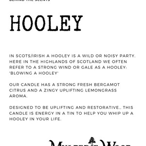 Hooley Wind/Party Bergamot and Lemongrass Energising Scottish Scotland Scots Highland Vegan Handmade Soy Tin Candle Free Cotton Gift Bag image 2