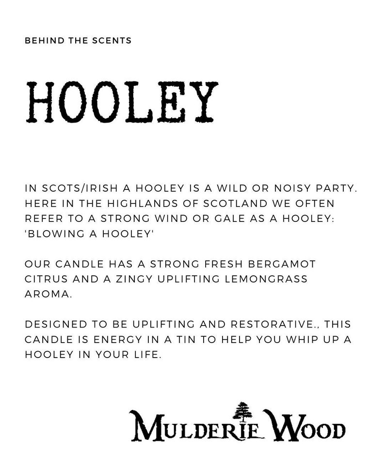 Hooley Wind/Party Bergamot and Lemongrass Energising Scottish Scotland Scots Highland Vegan Handmade Soy Tin Candle Free Cotton Gift Bag image 2