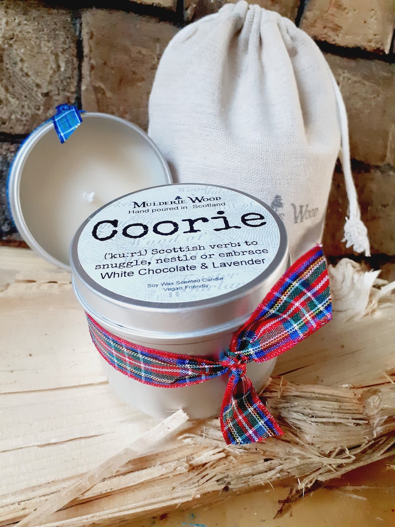 Coorie Snuggle Soothing Chocolate & Lavender Scottish Scotland Scots Highland Vegan Handmade Soy Tin Candle Free Cotton Gift Bag image 7