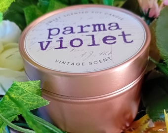 Vintage Inspired Parma Violets Sweet World War 1940s Vegan Handmade Soy Tin Candle + Free Cotton Gift Bag