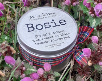 Bosie (Hug) Lavender and Eucalyptus Soothing Love Scottish Scotland Scots Highland Vegan Handmade Soy Tin Candle + Free Cotton Gift Bag