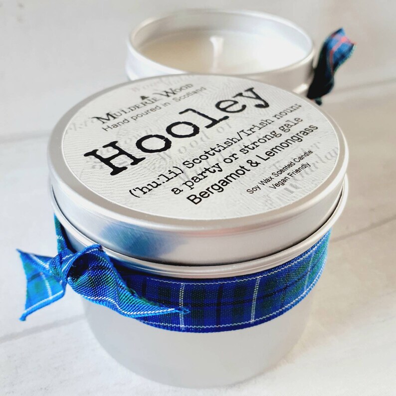 Hooley Wind/Party Bergamot and Lemongrass Energising Scottish Scotland Scots Highland Vegan Handmade Soy Tin Candle Free Cotton Gift Bag image 3