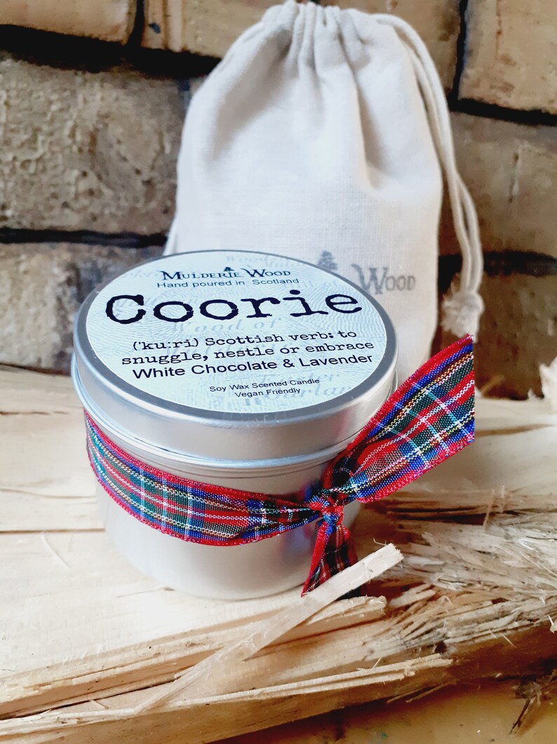 Coorie Snuggle Soothing Chocolate & Lavender Scottish Scotland Scots Highland Vegan Handmade Soy Tin Candle Free Cotton Gift Bag image 3