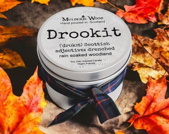 Drookit (Drenched) Woodland Rain Scent Scottish Scotland Scots Highland Vegan Handmade Soy Tin Candle + Free Cotton Gift Bag