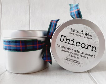 Unicorn Scotland Scottish National Scots Highland Vegan Handmade Soy Tin Candle + Free Cotton Gift Bag