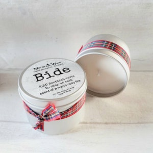 Bide Stay Open Warm Cosy Fire Wood Scottish Scotland Scots Highland Vegan Handmade Soy Tin Candle Free Cotton Gift Bag image 6