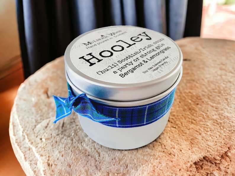 Hooley Wind/Party Bergamot and Lemongrass Energising Scottish Scotland Scots Highland Vegan Handmade Soy Tin Candle Free Cotton Gift Bag image 1