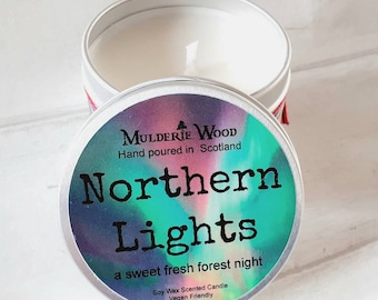 Northern Lights (Aurora) Sweet Fresh Pine Scottish Scotland Scots Highland Vegan Handmade Soy Tin Candle + Free Cotton Gift Bag