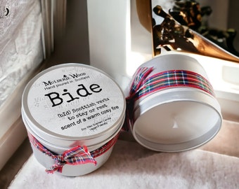 Bide (Stay) Open Warm Cosy Fire Wood Scottish Scotland Scots Highland Vegan Handmade Soy Tin Candle + Free Cotton Gift Bag