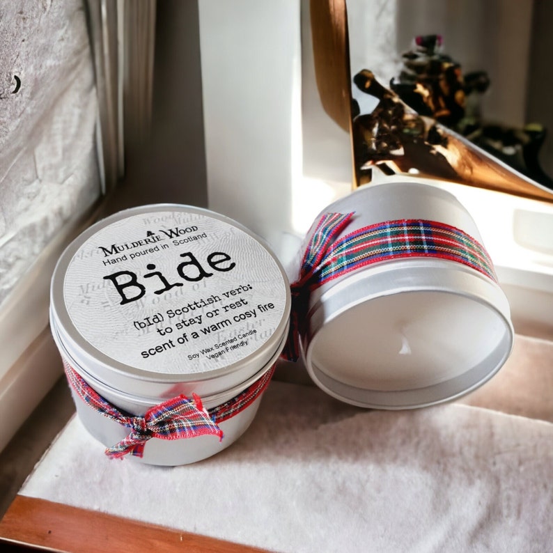 Bide Stay Open Warm Cosy Fire Wood Scottish Scotland Scots Highland Vegan Handmade Soy Tin Candle Free Cotton Gift Bag image 1