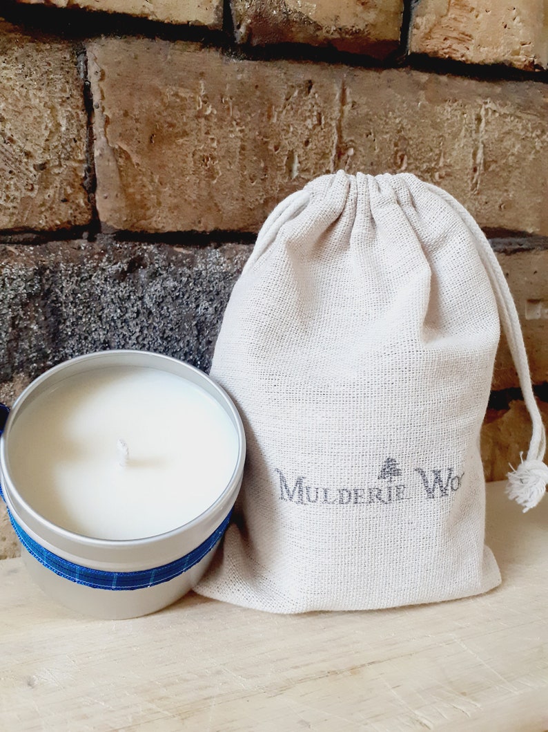 Bide Stay Open Warm Cosy Fire Wood Scottish Scotland Scots Highland Vegan Handmade Soy Tin Candle Free Cotton Gift Bag image 5