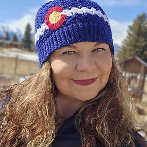 Crochet Colorado Blue and White Beanie with Poof