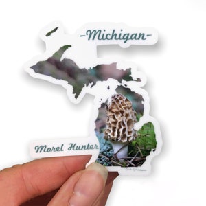 Michigan Morel Hunter Sticker Michigan Outline Photography Vinyl Durable Weatherproof 2.56W x 3H Diecut Mushrooms Michigander image 1