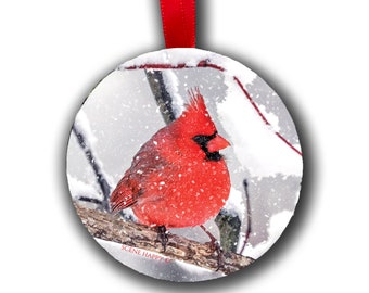 Cardinal in Snow Ornament- Male Cardinal Ornament - Cardinal Ornament - Cardinal Gift Tag - Remembrance Ornament - Loved one Ornament