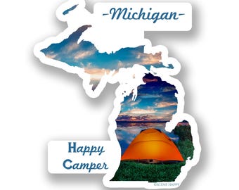 Michigan Happy Camper Sticker: Lake Photography, Waterproof Vinyl