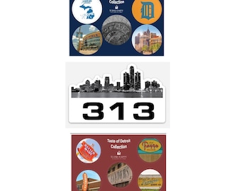Detroit 313 Michigan Sticker Sheet Bundles – Set of 3- 4x6 Premium Vinyl weatherproof Game Day, Taste of Detroit, 313 Skyline