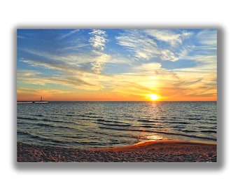 Michigan Postcard - Lake Michigan Sunset on Onekama Pier - 4" x 6" - Up North Postcard - Lake Michigan Postcard - Onekama Michigan Postcard