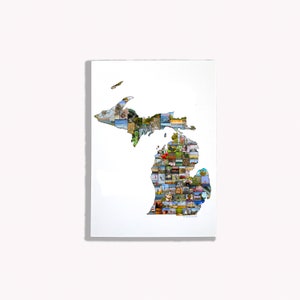 Wenskaart Michigan• 5 x 7 • Fotografie Michigan • Omtrek kaart boven- en benedenschiereiland • Blanco binnenkant met envelop • 85 foto's