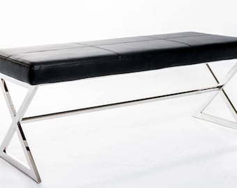 Rich Black PU Leather Vanity Bench w/ Polished Stainless Steel Legs