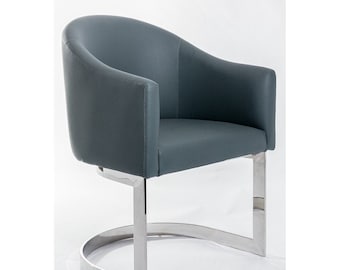 Contempoary Grey PU Leather Half-Mooned Polished Steel Vanity Makeup Chair