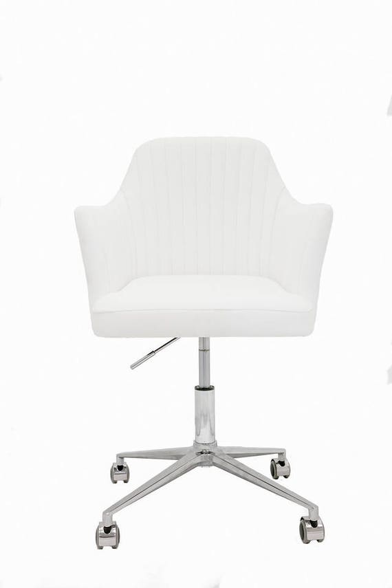 Pure White PU Leather Ribbed Bk Swivel Adjustable Vanity W Wheels