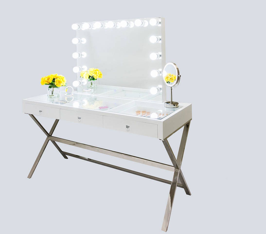 XXLARGE Gleaming Gloss White Glass Top Fantasy Makeup Vanity Etsy