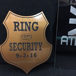 BG1006- Ring Security Badge , Ring Bearers Gift, Gold on Black Custom Laser Engraved
