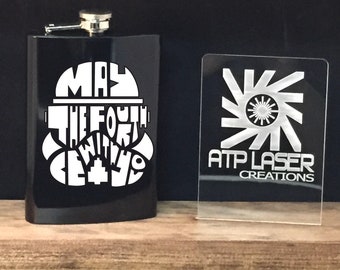 FK1032-May The Fourth Be With You Flask,  Stainless steel or Black, engraved flask,gift for him/her.