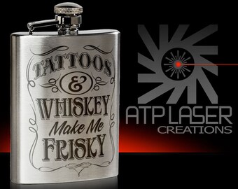 Engraved Stainless Steel Flask: FK1000 Tattoos and Whiskey Design