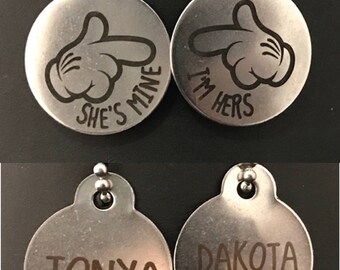 PD1006- Set of 2 Personalized She's Mine  I'm Hers Charm Necklaces-2 Custom Birthday Gift Valentine's Day Gift Christmas Gift