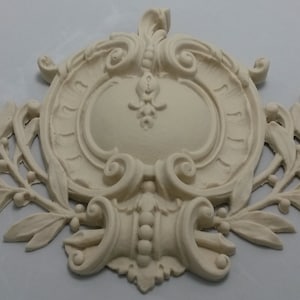May include: A white, ornate, decorative plaster medallion with a central oval shape surrounded by intricate scrollwork and floral motifs. The medallion is framed by two symmetrical leafy branches.