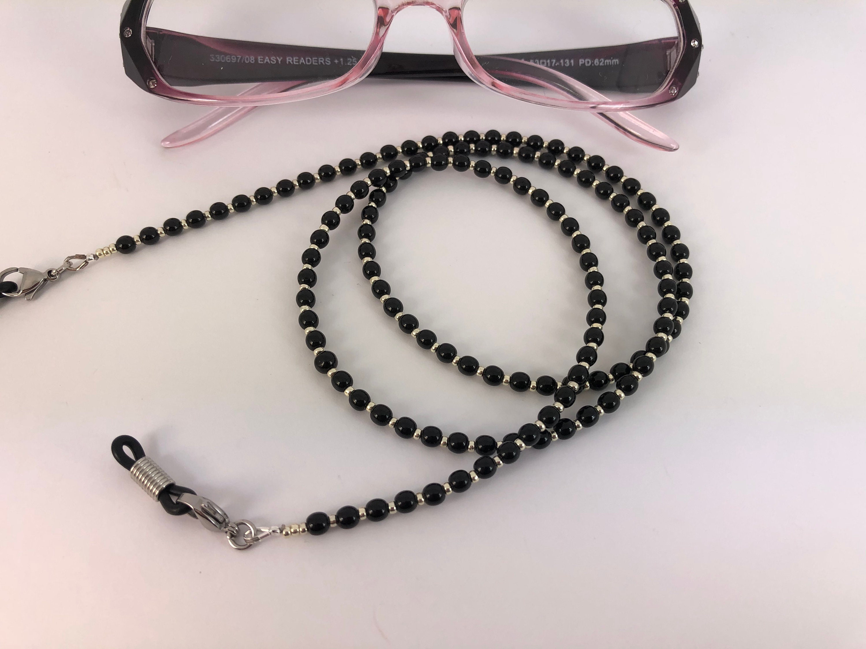 Glasses Chain Black Silver Glass Beads Spectacles Holder Lanyard