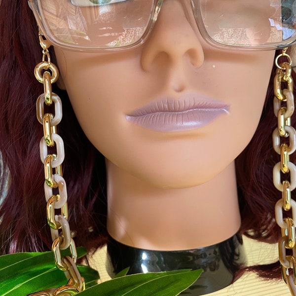 Acrylic Glasses Chain Funky Lanyard Eye Glasses Cord Beige & Gold Curb Chain On Trend