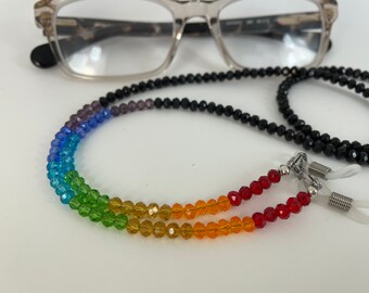 Chakra Glasses Chain Multi Coloured Eyeglass Cord Black Beaded Lanyard Red Yellow Green Blue Purple