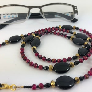 Perlen Brillenkette Schwarz Achat & Rosa Edelstein Brillenkette Büro Lanyard Geschenk Brillenhalter Perlen Lanyard