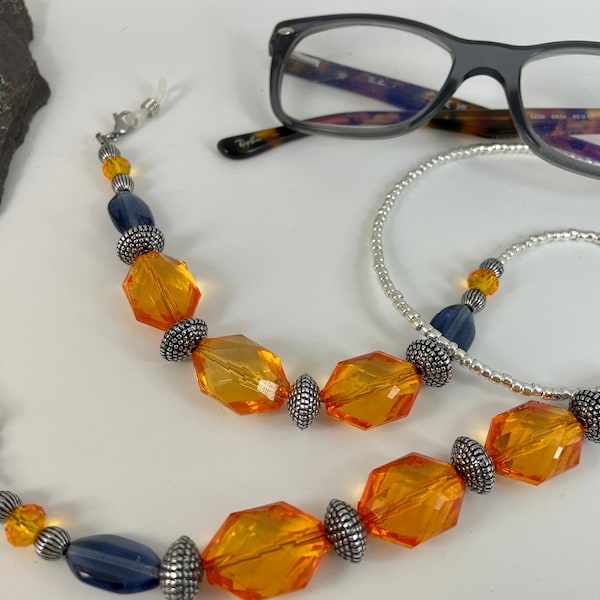 Funky Blue & Orange Glasses Chain Spectacles Holder Blue Beaded Eyeglasses Chain