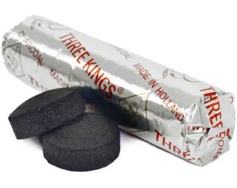Three Kings Charcoal Tablets (33mm) - Premium Quick Light Charcoal - Self Lighting - 10 Tablets/Roll - Made with European beech wood