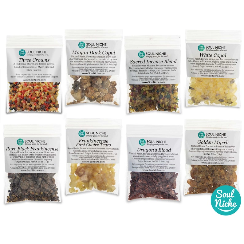 May include: Assortment of small bags containing various types of incense resins, including frankincense, myrrh, copal, and dragon's blood. Each bag is labeled with the name of the incense and its origin. The bags are arranged in a grid pattern on a white background. The text "Soul Niche" is visible in the bottom right corner of the image.