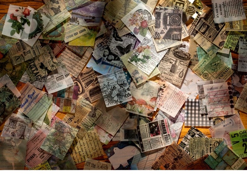 May include: A collection of vintage-style paper ephemera, including squares and rectangles with floral, butterfly, and newspaper designs. The papers feature faded colors and handwritten text, creating a collage effect. Some pieces have text that reads "Thank You!" and "Married Today".