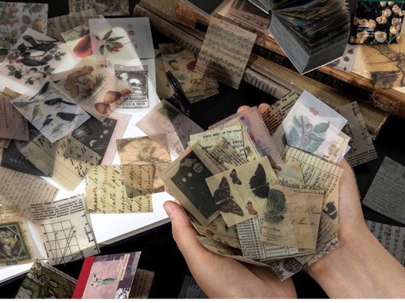 May include: A collection of vintage-style ephemera, including small, translucent paper squares with botanical illustrations, butterflies, and handwritten text. The papers are in various sizes and shapes, with a warm, aged color palette.