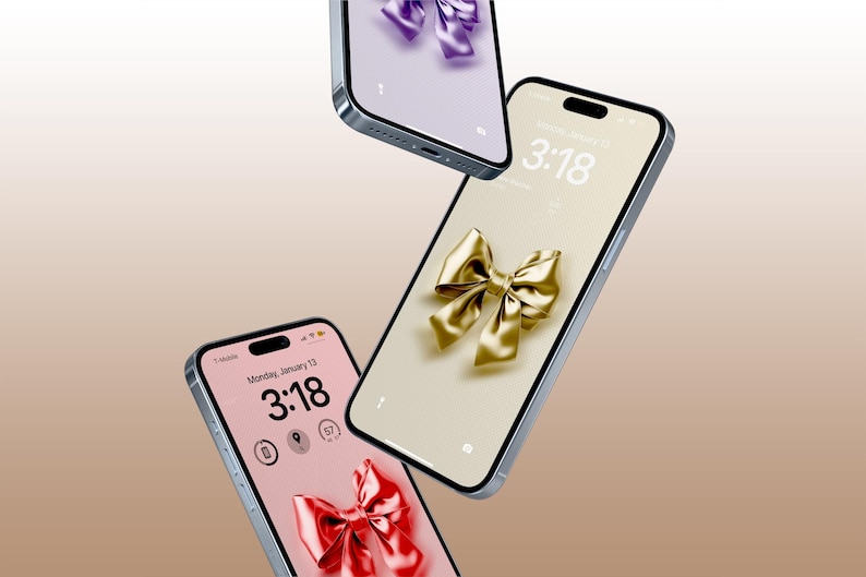 Op de afbeelding: Drie smartphones met verschillende gekleurde strikdesigns op het scherm. De tijd is 3:18 op elke telefoon.