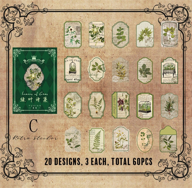 50 pcs Vintage sticker, Color Themed Aesthetic Sticker Booklet For Scrapbooking, bojo, scenery stickers, journal, planner sticker C. Green