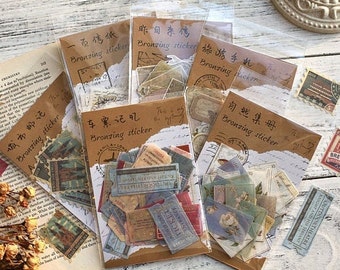 40pcs Vintage Stamps Gold Foil Washi Sticker, Landmark Sticker Flakes, postal, travel sticker, journal sticker, vintage stamp sticker