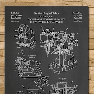 May include: A black and white illustration of a Da Vinci Surgical Robot patent drawing. The drawing shows the robot's design and components, including its arms, tools, and control panel. The patent numbers 6,659,939 and 7,955,322 are listed at the top of the drawing. The text "COOPERATIVE MINIMALLY INVASIVE ROBOTIC TELESURGICAL SYSTEM" is also included.