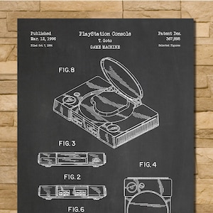 May include: Black and white line drawing of a PlayStation console patent on a chalkboard background. The patent is titled "PlayStation Console" and includes the text "T. Goto, Game Machine, Published Mar. 12, 1996, Filed Oct. 7, 1994, Patent Des. 367,895, Selected Figures, Assignee: Sony Corporation".