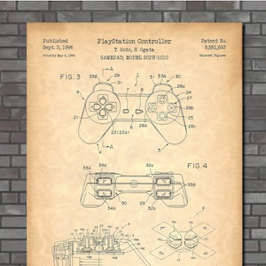 May include: A black and white line drawing of a PlayStation controller patent. The patent is titled "PlayStation Controller" and includes the names T. Goto and H. Ogata. The patent number is 5,551,693. The patent drawing shows a detailed diagram of the controller with various components labeled.