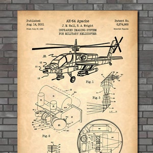 May include: A black and white line drawing of a patent for an infrared imaging system for a military helicopter. The patent is titled "AH-64 Apache Infrared Imaging System for Military Helicopter" and was published on August 14, 2001. The patent number is 6,274,868.
