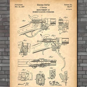 May include: An aged paper print of a Sharps Rifle patent illustration. The sepia-toned diagram shows detailed schematics of a breech-loading firearm, with labels and figures. The text "Sharps Rifle" and "Improvement in Breech-Loading Firearms" are visible. The words "Old Paper" are at the bottom.